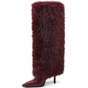 Womens Brown Fur Knee High Boots with Heels Wide Calf Tall Fold Over Party Boots
